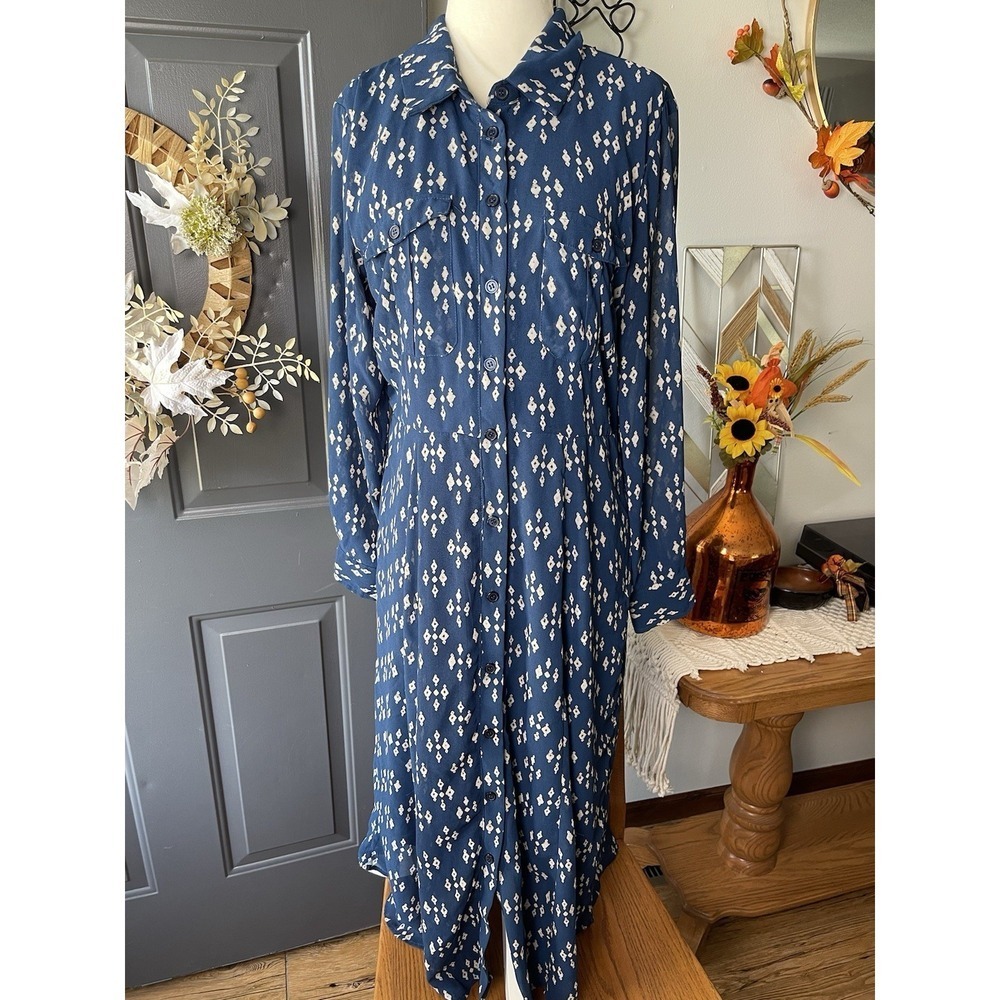 Lucky Brand Navy Blue Chiffon Modest Button Down Midi Shirt Dress Large